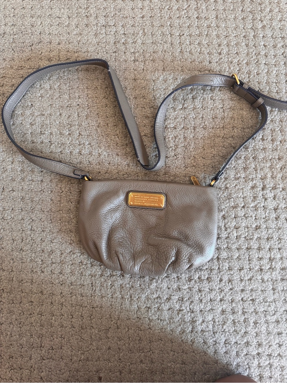 Marc Jacobs Pebbled Taupe Leather Crossbody with Gold Plaque